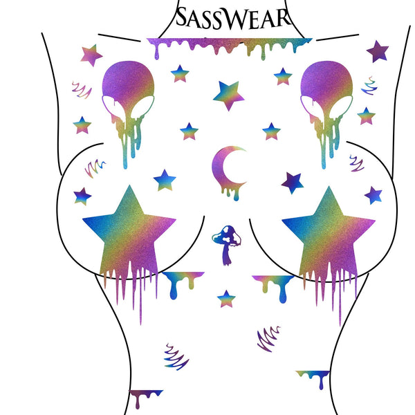 Drip Trip Alien/Star Pasties/Body Stickers Set-Rainbow Reflective