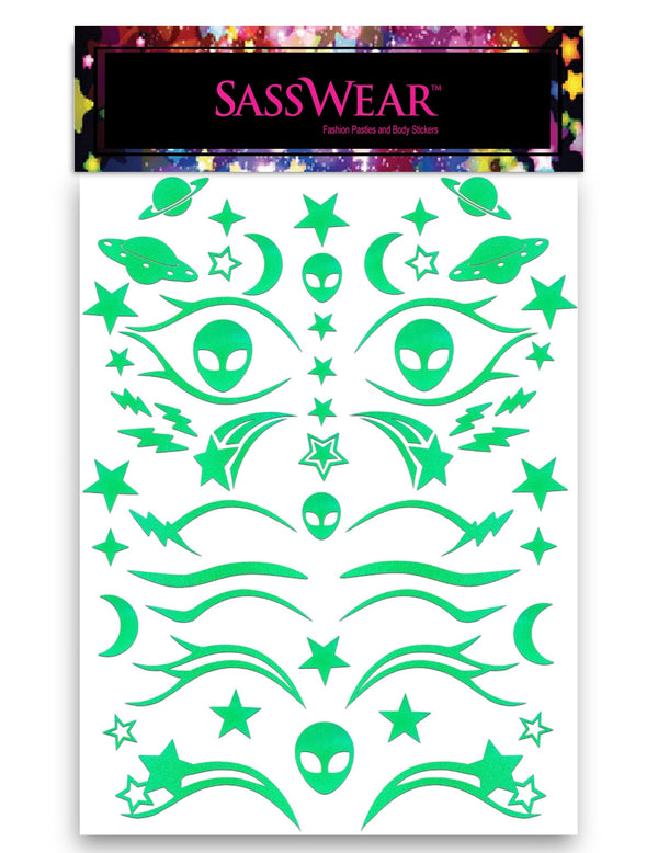 alien blacklight neon green eye face stickers for raves festival makeup by sasswear