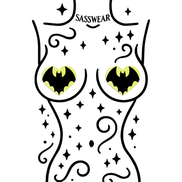 Illustration of stylized breasts with bat designs and 'Sasswear' branding on a white background.