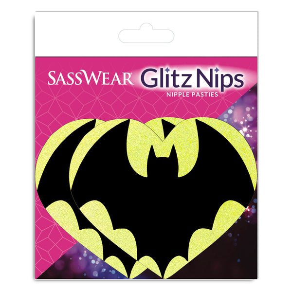 SassWear Glitz Nips packaging with Batman logo design on a pink and purple background