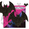 Black glittery bat-shaped pasties with pink accents on a white background