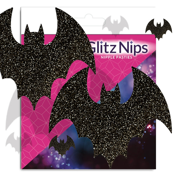 Black glittery bat-shaped pasties with pink accents on a white background