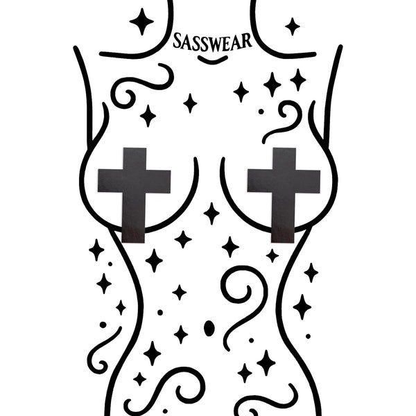 Black and white design with crosses and stars, featuring the brand 'Sasswear'.