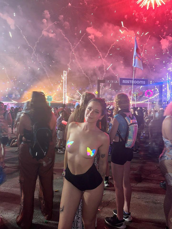 rainbow reflective butterfly pasties on rave girl