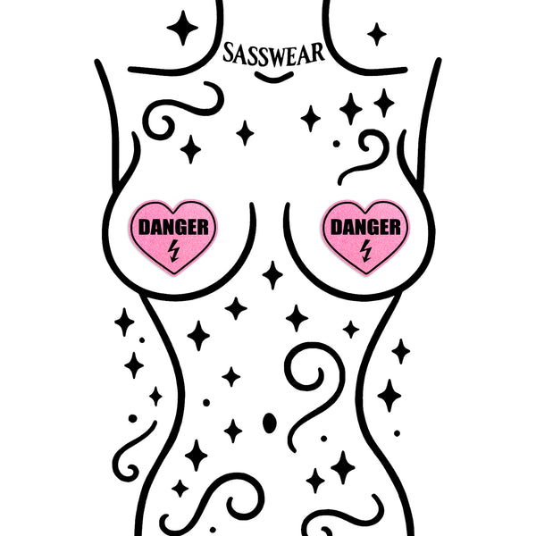 Illustration of a stylized female torso with 'DANGER' hearts and 'SASSWEAR' branding.