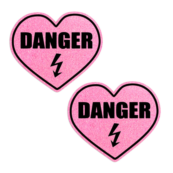 Two pink hearts with 'DANGER' text and a lightning bolt symbol on a white background.