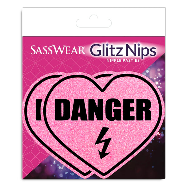Sasswear Glitz Nips packaging with pink heart and 'Danger' text on a pink background