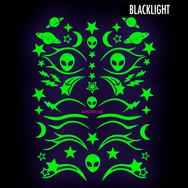 alien blacklight neon green eye face stickers for raves festival makeup by sasswear