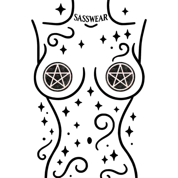 Black and white design with pentagram symbols and 'Sasswear' branding on a white background