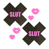 Two black glittery 'X' symbols with pink 'SLUT' text and pink lips on a white background.