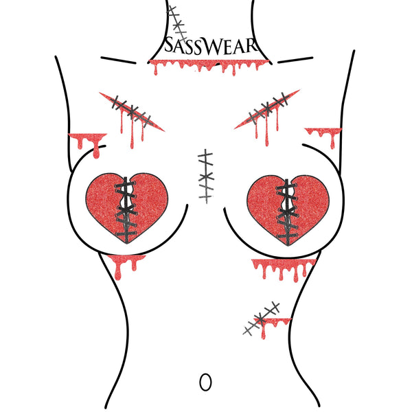 Stitched heart glitz nipple pasties with cuts