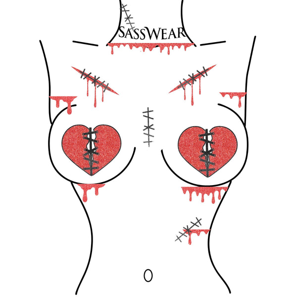 Stitched heart glitz nipple pasties with cuts