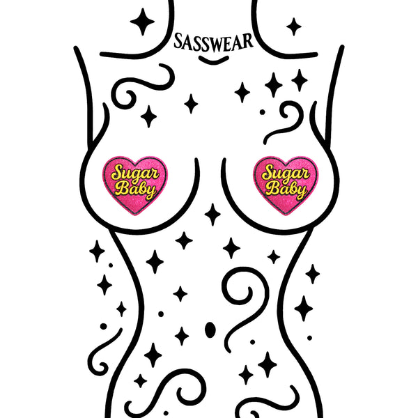 Illustration of a stylized female torso with 'Sugar Baby' hearts and 'Sasswear' branding.