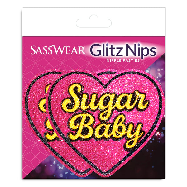 Sasswear Glitz Nips packaging with pink hearts and 'Sugar Baby' text on a purple gradient background.