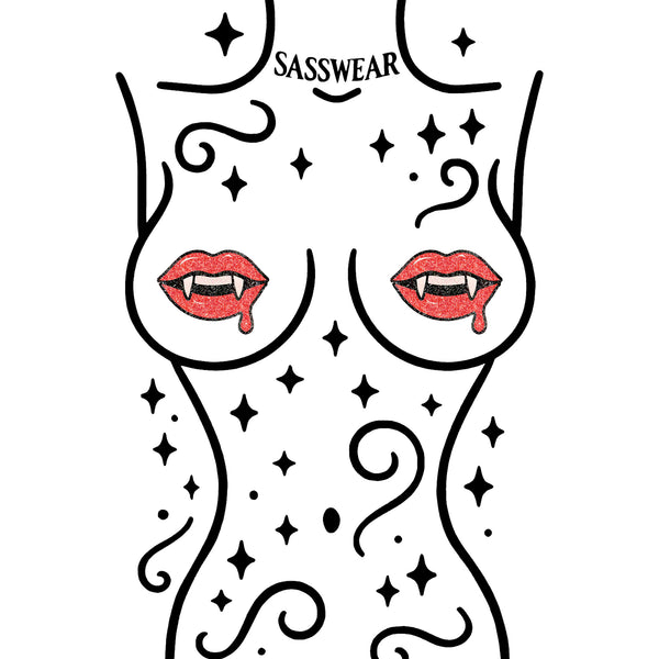 Sasswear logo with red lips and black patterns on a white background