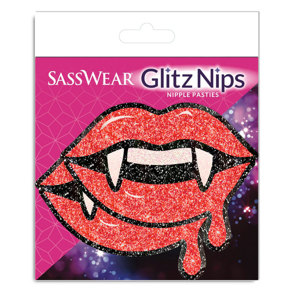 Sasswear Glitz Nips nipple pasties packaging with a pink and purple design.