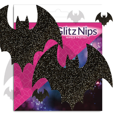 Black glittery bat-shaped pasties with pink accents on a white background