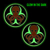 Two glow-in-the-dark octopus stickers on a black background with 'Glow in the Dark' text.