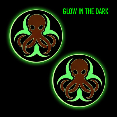 Two glow-in-the-dark octopus stickers on a black background with 'Glow in the Dark' text.