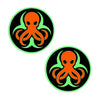 Two circular stickers with orange octopus designs on a black background.