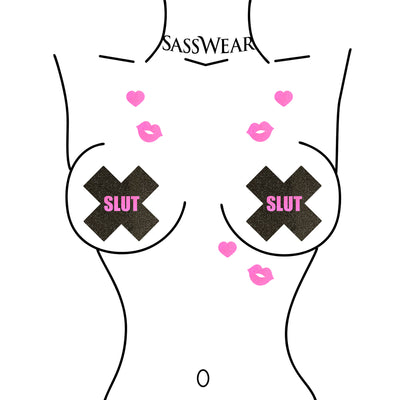 Illustration of a garment with 'SLUT' text and 'SASSWEAR' branding on a white background.
