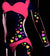 Neon heart stickers on side and arm of woman in bikini.