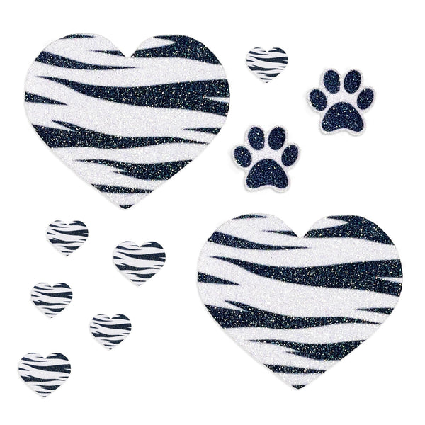 white tiger stripes glitter pasties hearts